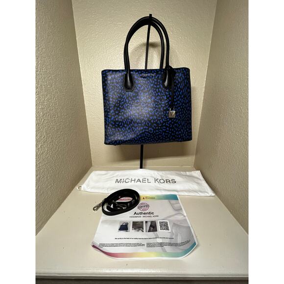 NWT Michael Kors Black Electric Blue Leopard Saffiano Mercer Large Tote - Picture 1 of 16